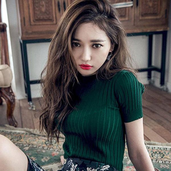 women knitted slim pullover t-shirt solid short sleeve thin tight fit o-neck clothing size women's, White